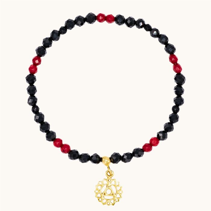 BDE62 Bransoletka elastyczna ze spineli, onyksów i korali oraz srebra pozłacanego 24K