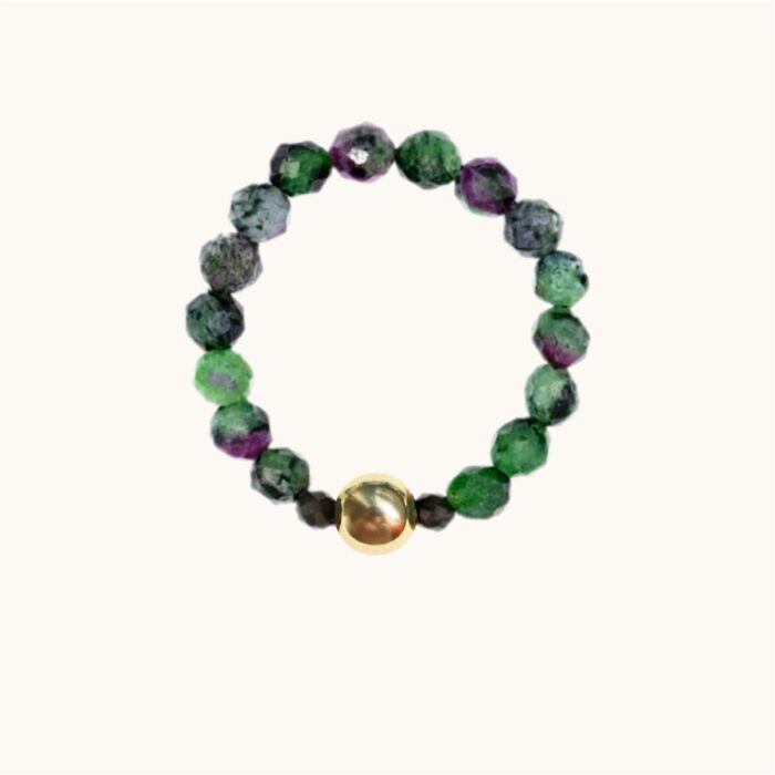 PE45 Pierścionek elastyczny z zoisytu z rubinem, obsydianów i srebra pozłacanego 24K