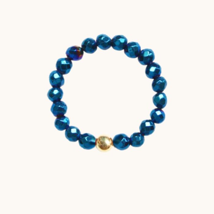 PE65 Pierścionek elastyczny z hematytów i srebra pozłacanego 24K