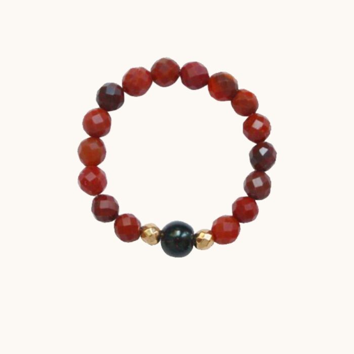 PE47 Pierścionek elastyczny z jaspisów z perłą seshell oraz srebrem pozłacanym 24K