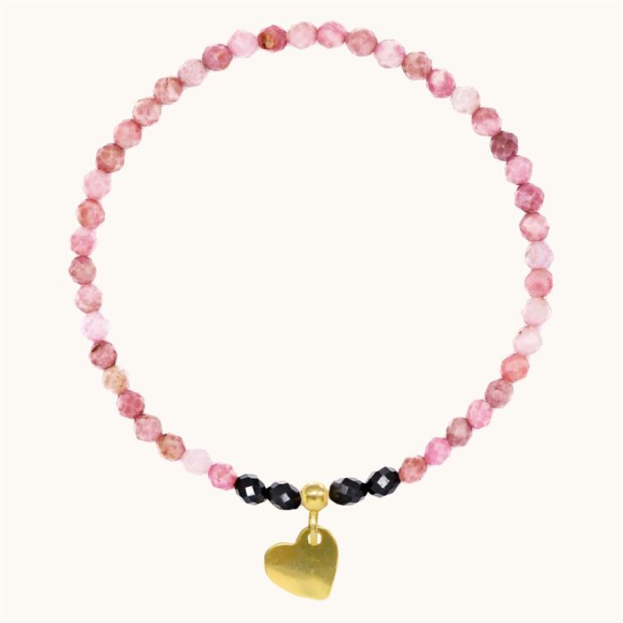 BDE59 Bransoletka elastyczna z rodonitów i spineli oraz srebra pozłacanego 24K