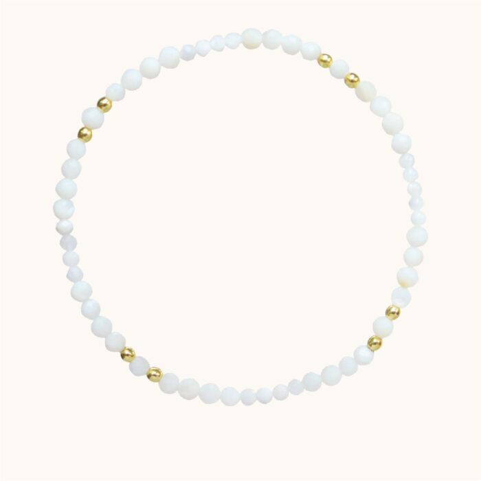 BDE78 Bransoletka elastyczna z Kamienia księżycowego, Masy perłowej oraz srebra z18K złotem