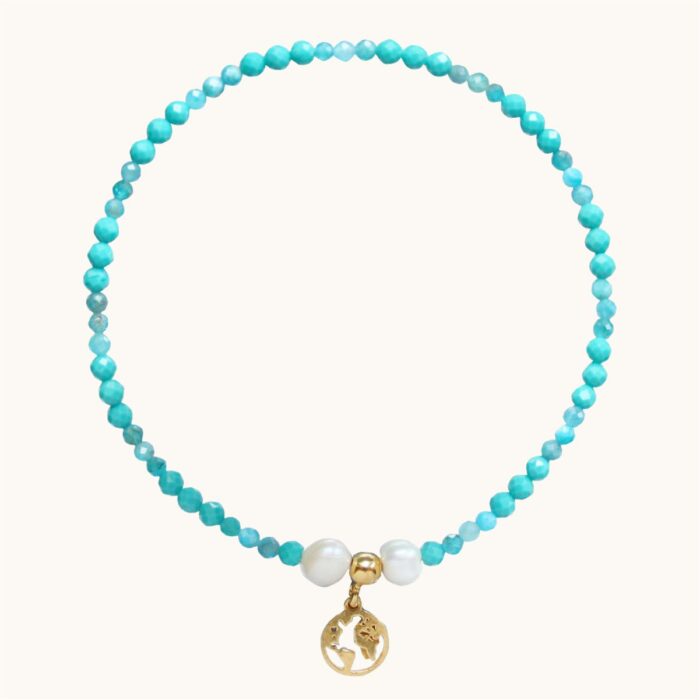 BDE83 Bransoletka elastyczna z magnezytów, apatytów, pereł oraz srebra pozłacanego 24K