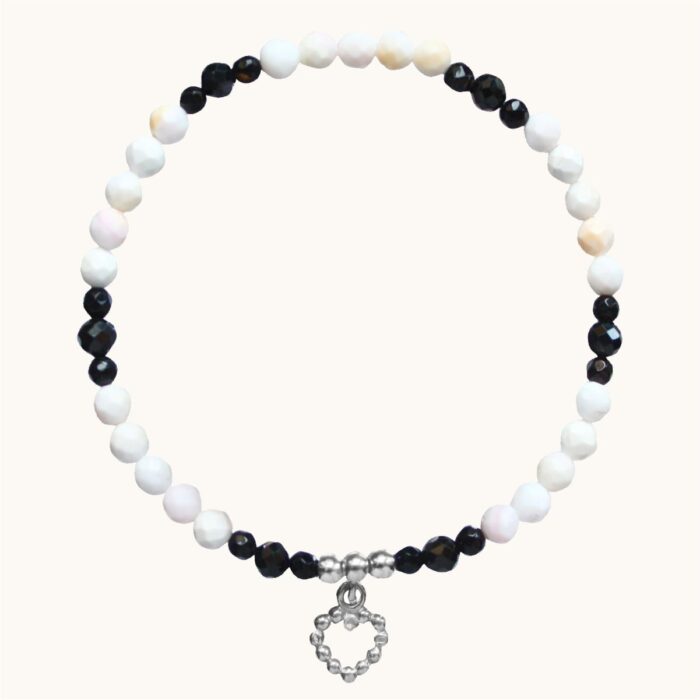 BDE61 Bransoletka elastyczna z masy perłowej, spineli, onyksów oraz srebra