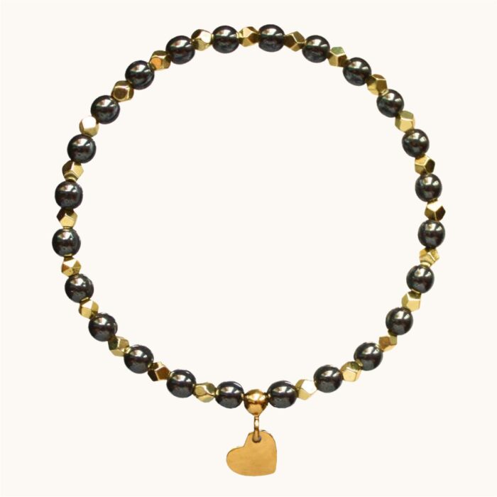 BDE74 Bransoletka elastyczna z hematytów oraz srebra Ag925 pozłacanego 24K