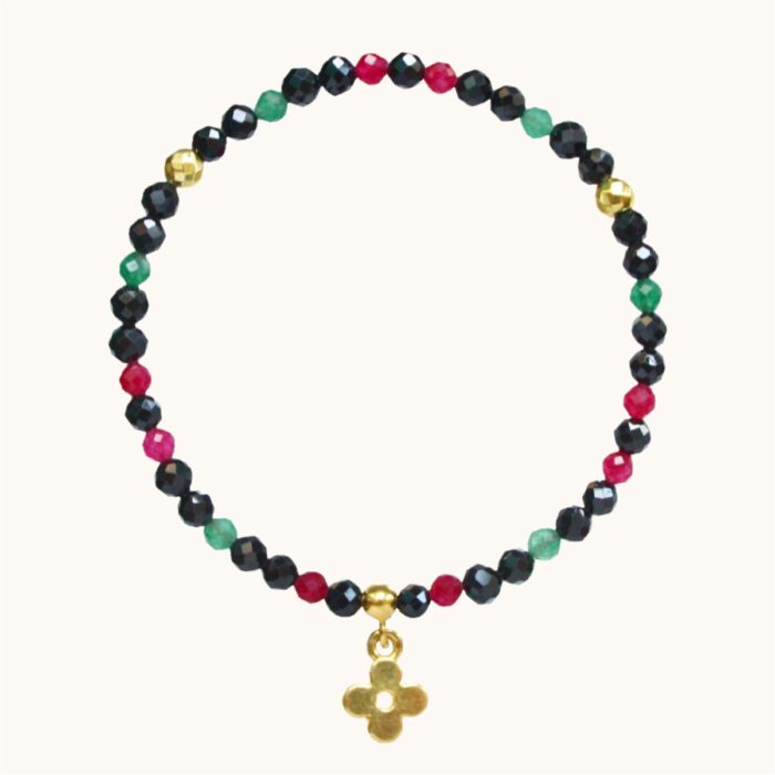 BDE73 Bransoletka elastyczna ze spineli, rubinów i szmaragdów oraz srebra pozłacanego 24K