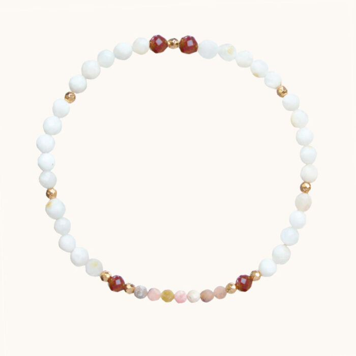 BDE84 Bransoletka elastyczna z akwamarynów, opali, granatów i srebra pozłacanego 24K