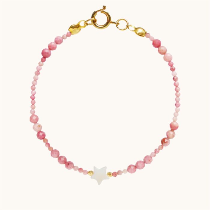 BDZ44 Bransoletka z rodonitów, masy perłowej oraz srebra pozłacanego 24K