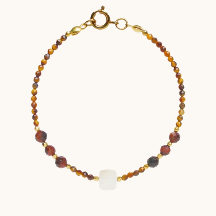 BDZ54 Bransoletka z tygrysiego oka, agatu oraz srebra pozłacanego 24K