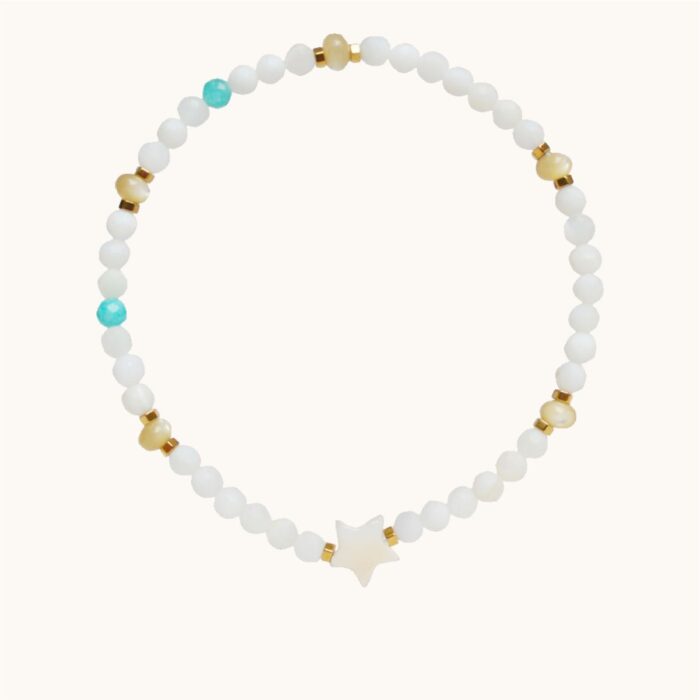 BDE89 Bransoletka elastyczna z masy perłowej, amazonitów i hematytów