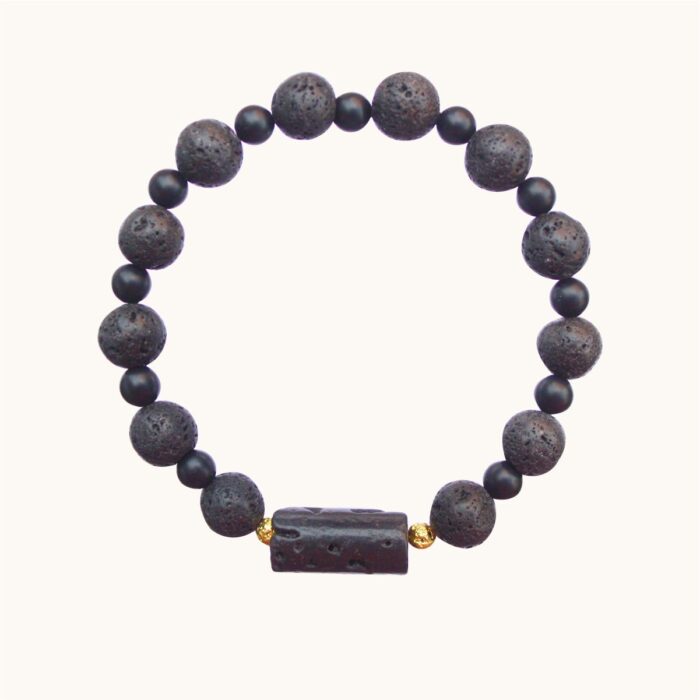 BME38 Bransoletka elastyczna z lawy wulkanicznej oraz srebra z 18K złotem