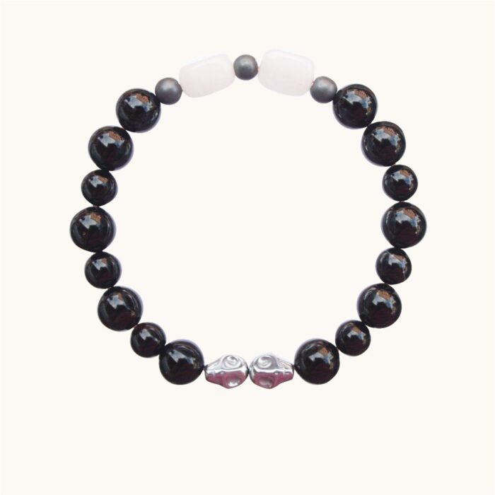 BME35 Bransoletka elastyczna z onyksów, kryształu górskiego i hematytów