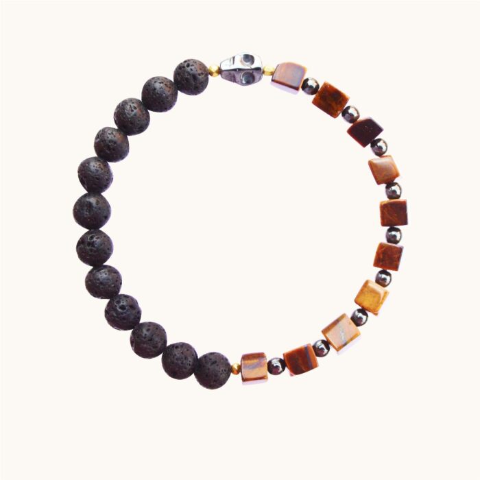 BME41 Bransoletka elastyczna z tygrysiego oka, lawy wulkanicznej i hematytów