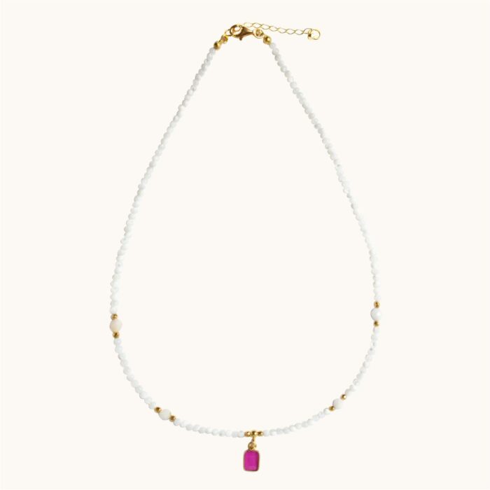 N55 Naszyjnik z masy perłowej, akwamarynów oraz rubinu i srebra 925 z 24K złotem