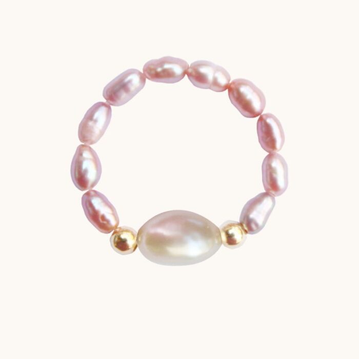 PE83 Pierścionek elastyczny z fioletowych perełek i srebra pozłacanego 24K