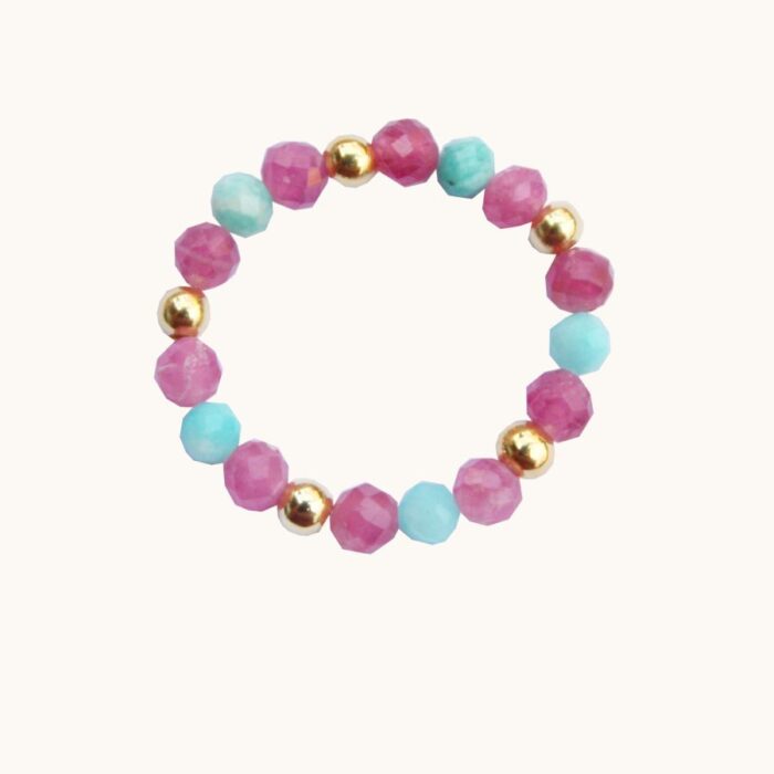 PE86 Pierścionek elastyczny z amazonitów i turamalinow oraz srebra pozłacanego 24K