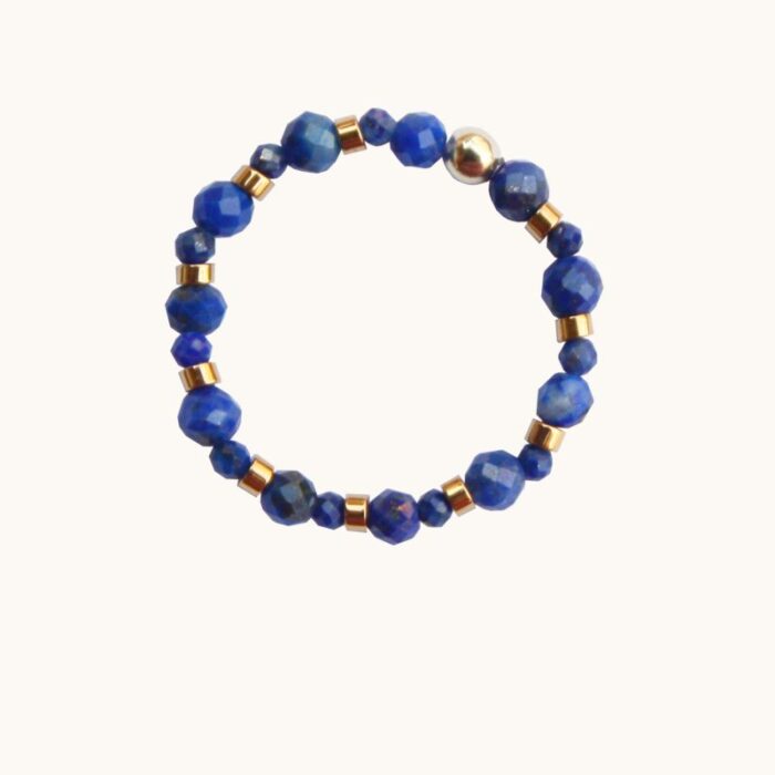 PE75 Pierścionek elastyczny z lapis lazuli oraz srebra pozłacanego 24K