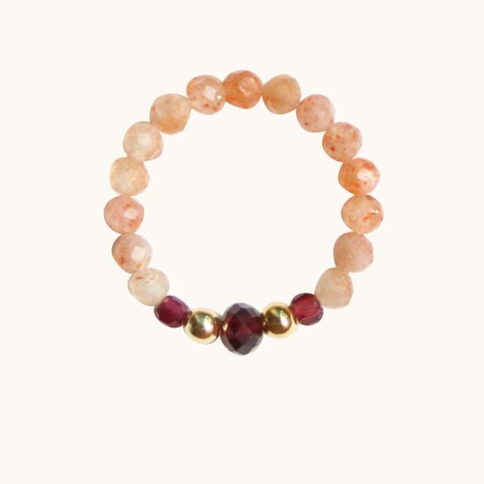 PE58 Pierścionek elastyczny z kamienia słonecznego, granatów i srebra pozłacanego 24K