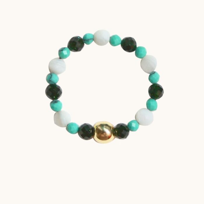 PE53 Pierścionek elastyczny z magnezytów, agatów oraz srebra pozłacanego 24K