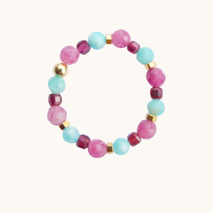 PE88 Pierścionek elastyczny z turmalinów, amazonitów i granatów oraz srebra pozłacanego 24K