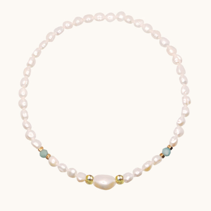 BDE106 Bransoletka elastyczna z pereł, amazonitów oraz srebra pozłacanego 24K