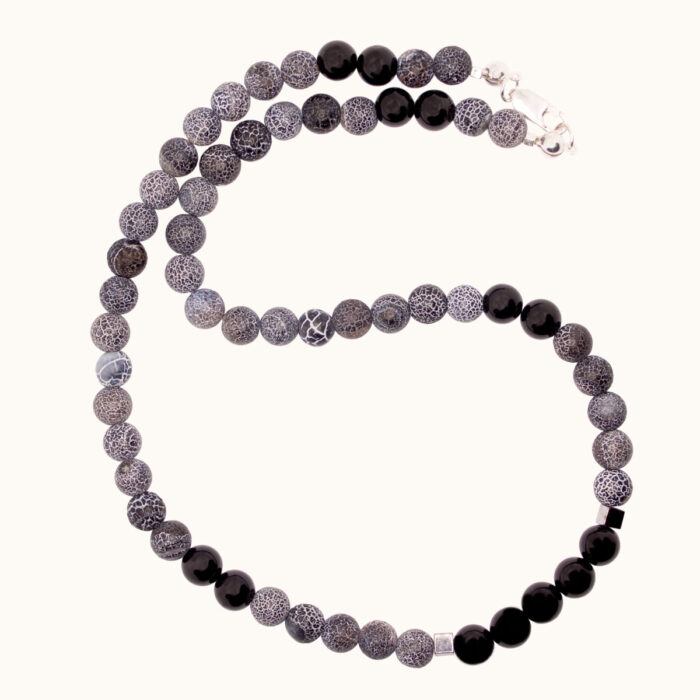 NM21 Naszyjnik z agatów, onyksów, hematytów oraz srebra Ag925