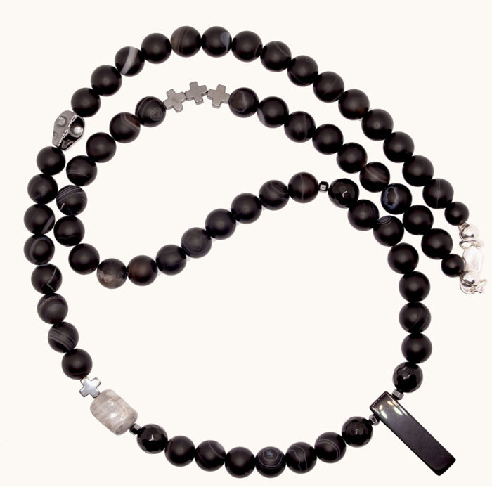 NM20 Naszyjnik z agatów, hematytów oraz z onyksem, jaspisem i srebrem Ag925