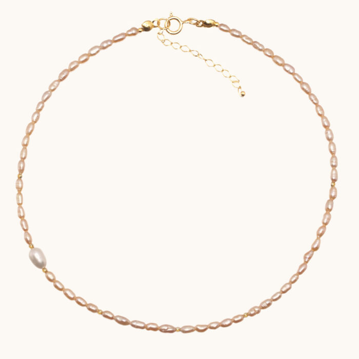 N72 Naszyjnik z perełek łososiowych oraz srebra pozłoconego 24K