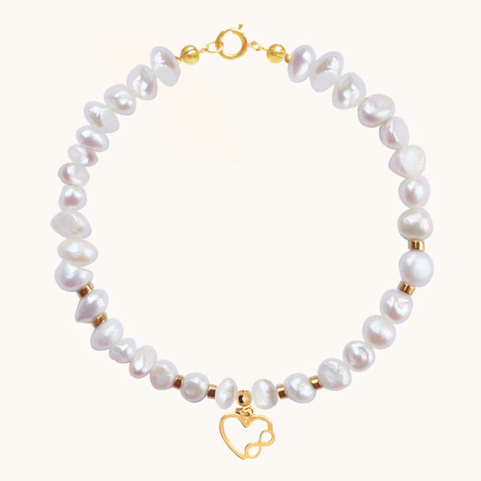 BDZ69 BRANSOLETKA Z PEREŁ, Z SERCEM I SREBREM POZŁACANYM 24K