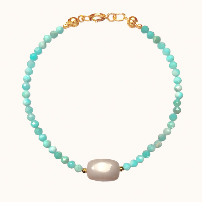 BDZ63 Bransoletka z amazonitów, z kryształem górskim oraz srebrem pozłacanym 24K