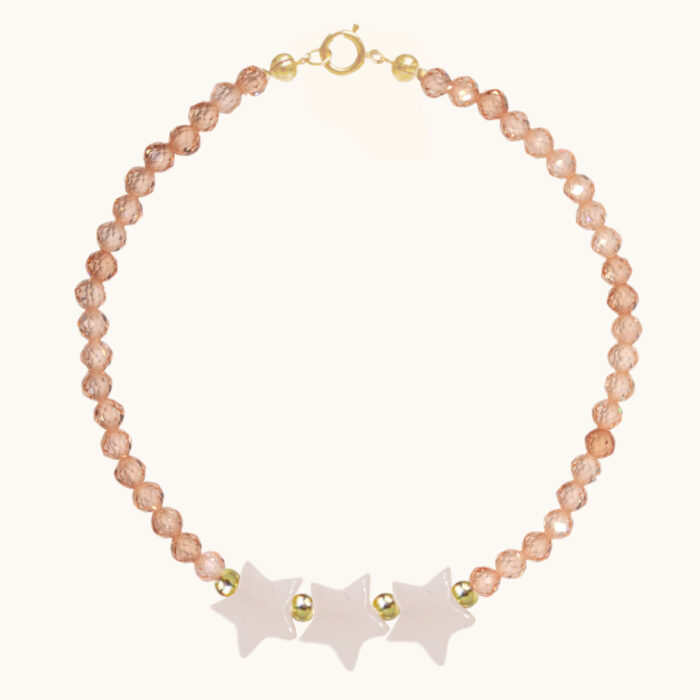 BDZ68 BRANSOLETKA Z CYRKONII I GWIAZDEK Z MASY PERŁOWEJ ORAZ SREBRA POZŁACANEGO 24K