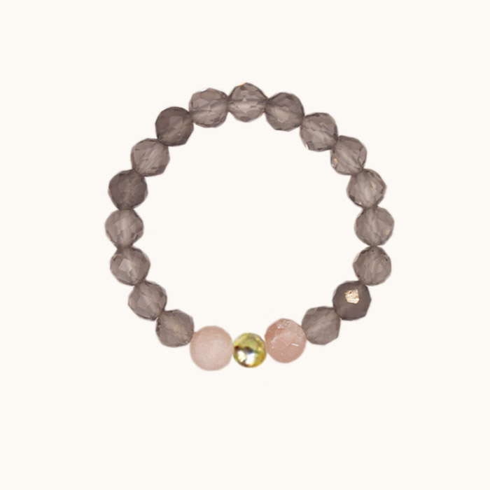 PE98 Pierścionek elastyczny z kwarcu dymnego i opali oraz srebra pozłacanego 24K