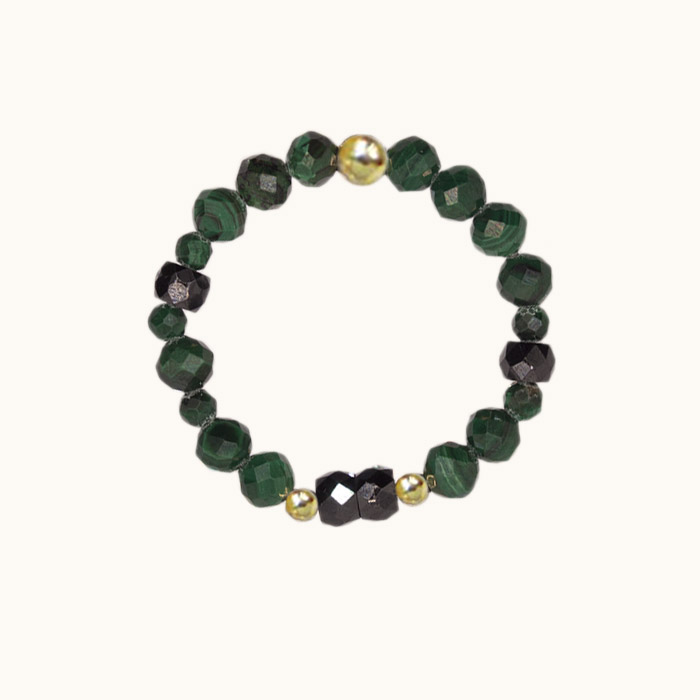 PE104 Pierścionek elastyczny z malachitów, cyrkonii i srebra pozłacanego 24K