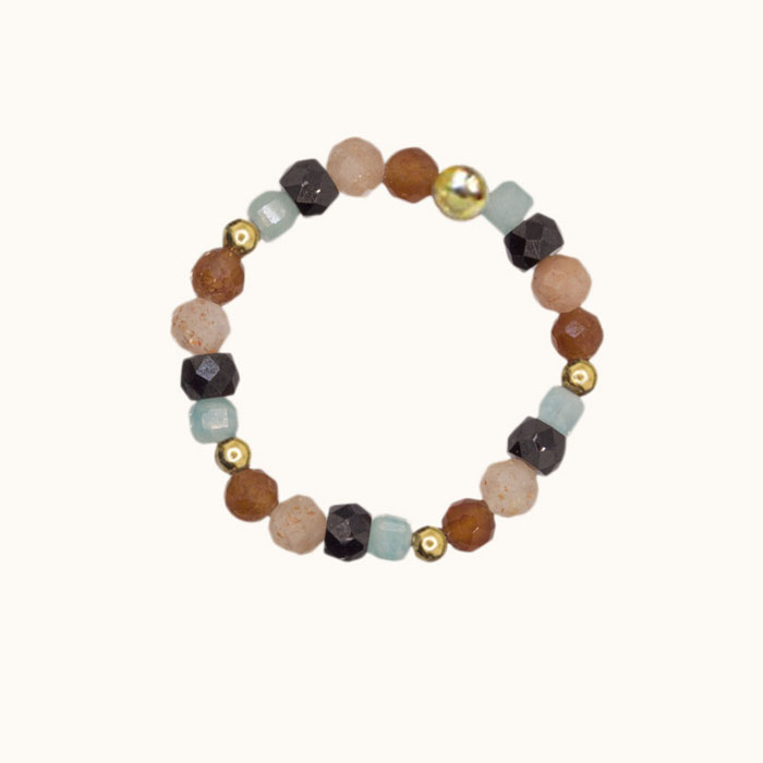 PE100 Pierścionek z cyrkonii, granatów, amazonitów, z kamienia słonecznego oraz srebra pozłacanego 24K