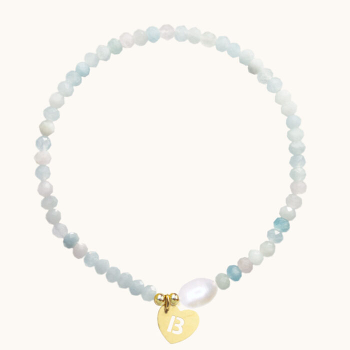 BDE122 Bransoletka z morganitów z perłą oraz literką ze srebra pozłoconego 24K