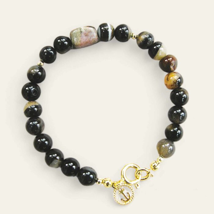 BMZ32 Bransoletka z agatów, z rodonitem i kotwicą oraz ze srebra pozłoconego 24K