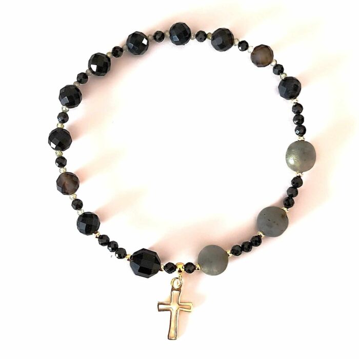 BDER123 Bransoletka Różaniec, elastyczna z labradorytów, spineli, agatów, cyrkonii oraz Ag925 z 24K złotem