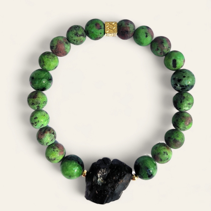 BME49 Bransoletka z surowym turmalinem, z agatów i zoisytów oraz srebra z 24K złotem