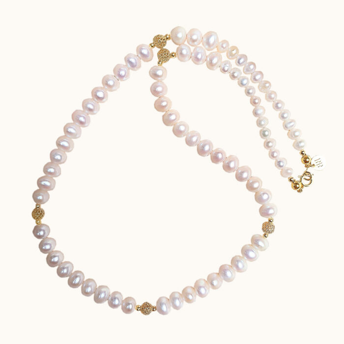 N89 NASZYJNIK DŁUGI, Z DUŻYCH PEREŁ ORAZ SREBRA Z 18K ZŁOTEM