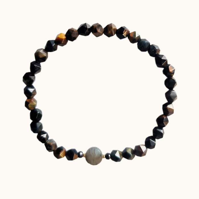 BDE124 Bransoletka elastyczna z tygrysiego oka i labradorytu oraz srebra z 18K złotem