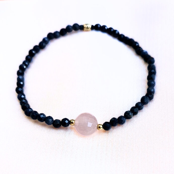 BDE129 BRANSOLETKA Z SZAFIRÓW I KRYSZTAŁU GÓRSKIEGO ORAZ SREBRA Z 18K ZŁOTEM