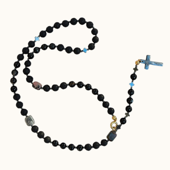 NMR22 Naszyjnik męski, różaniec z lawy, agatów, hematytów, rodonitu, jaspisu oraz srebra pozłacanego 18K