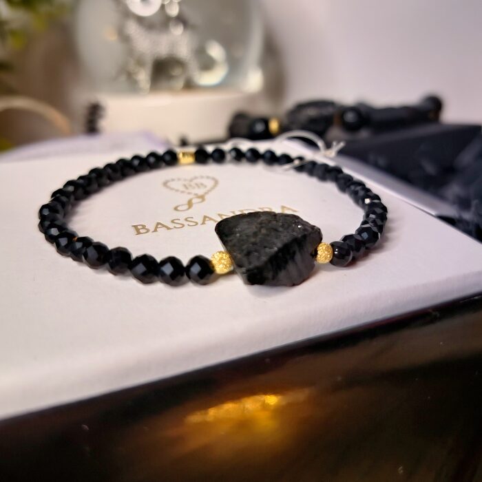 BDE132 BRANSOLETKA Z AGATU I SUROWEGO TURMALINU ORAZ SREBRA Z 18K ZŁOTEM